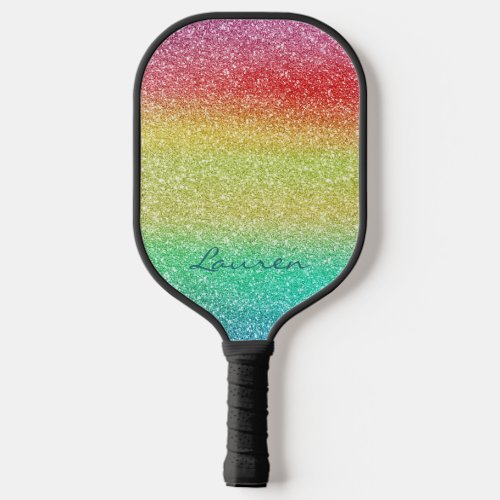 Rainbow Glitter Teal Name Pickleball Paddle