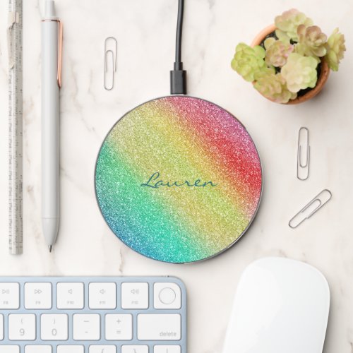 Rainbow Glitter Teal Name Wireless Charger