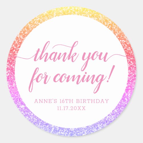 Rainbow Glitter Thank You For Coming Birthday Classic Round Sticker