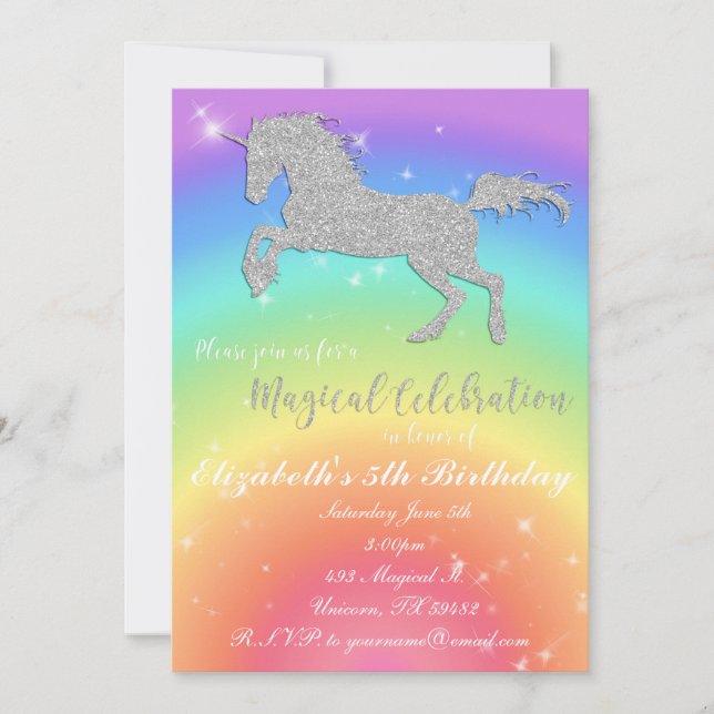Rainbow Glitter Unicorn Birthday Inviation Invitation (Front)