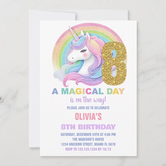 Rainbow Glitter Unicorn Birthday Invitations (Front)