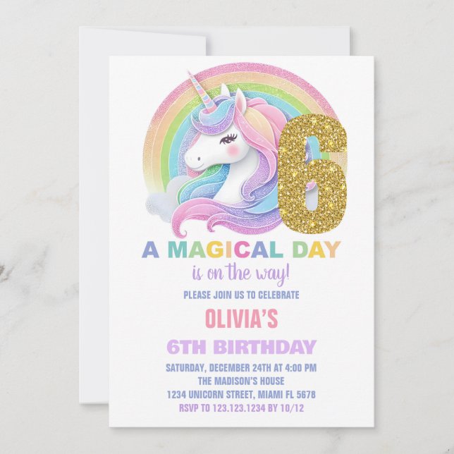 Rainbow Glitter Unicorn Birthday Invitations (Front)