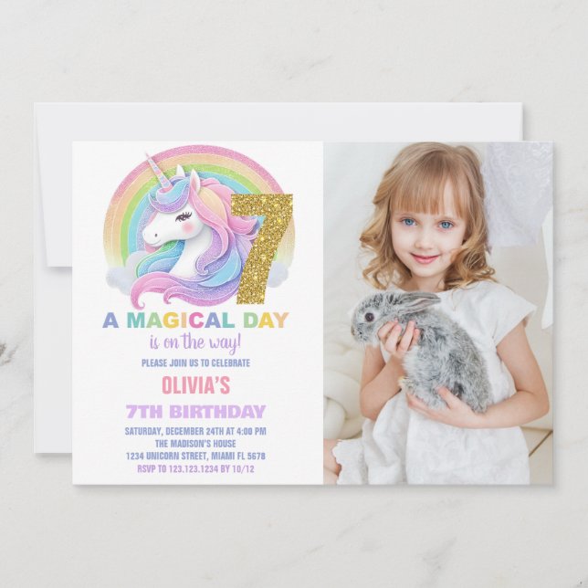 Rainbow Glitter Unicorn Birthday Invitations photo (Front)