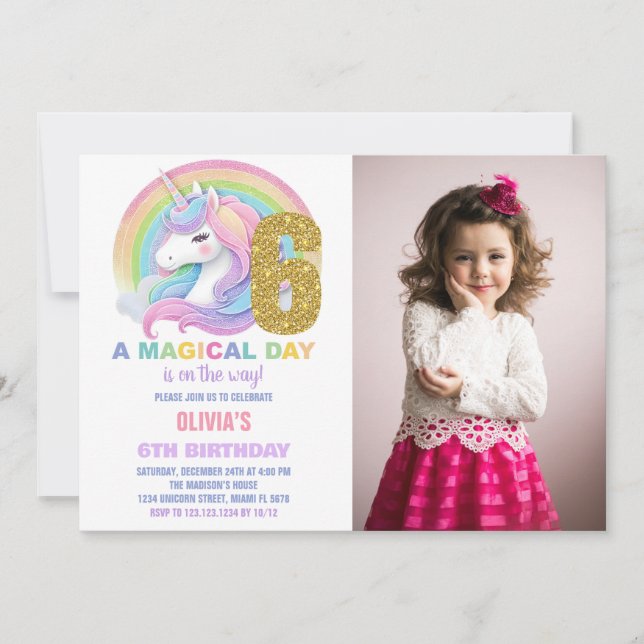 Rainbow Glitter Unicorn Birthday Invitations photo (Front)