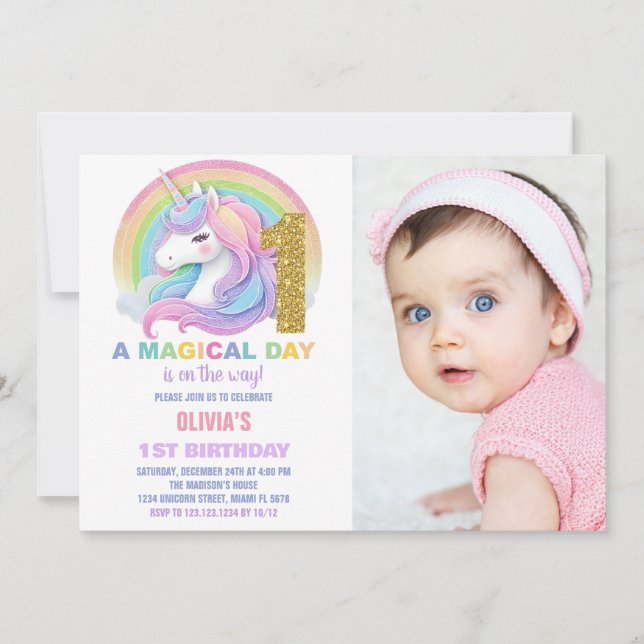 Rainbow Glitter Unicorn Birthday Invitations photo (Front)