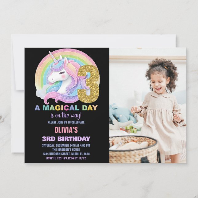 Rainbow Glitter Unicorn Birthday Invitations photo (Front)