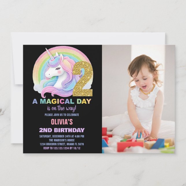 Rainbow Glitter Unicorn Birthday Invitations photo (Front)
