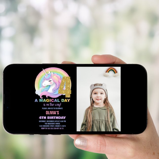 Rainbow Glitter Unicorn Birthday Invitations photo (Front Digital)