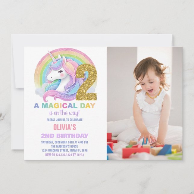 Rainbow Glitter Unicorn Birthday Invitations photo (Front)