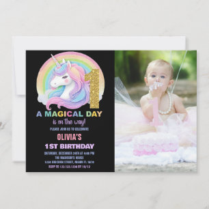 Rainbow Glitter Unicorn Birthday Invitations photo