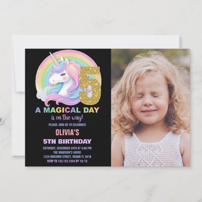 Rainbow Glitter Unicorn Birthday Invitations photo (Front)