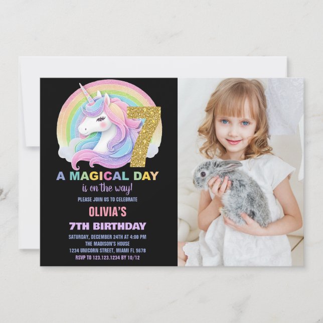 Rainbow Glitter Unicorn Birthday Invitations photo (Front)