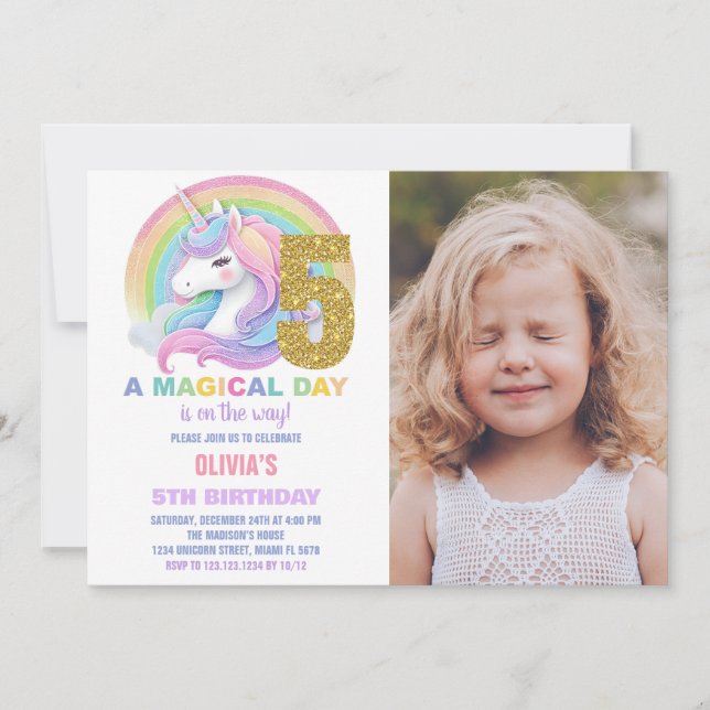 Rainbow Glitter Unicorn Birthday Invitations photo (Front)