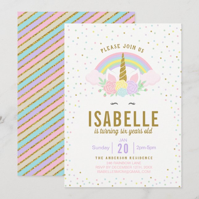 Rainbow Glitter Unicorn Birthday Party Invitation (Front/Back)
