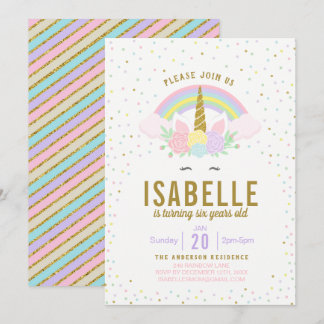 Rainbow Glitter Unicorn Birthday Party Invitation