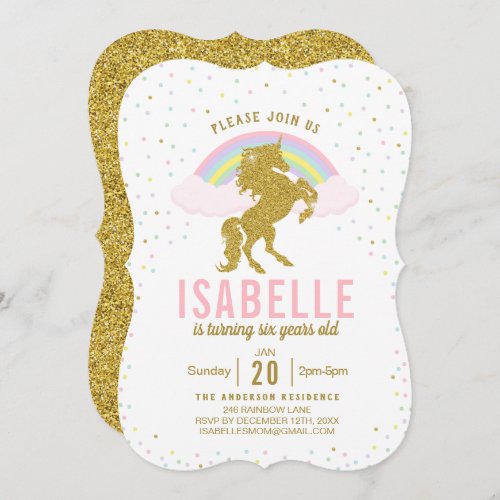 Rainbow Glitter Unicorn Birthday Party Invitation