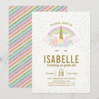 Rainbow Glitter Unicorn Birthday Party Invitation