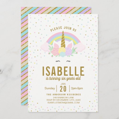 Rainbow Glitter Unicorn Birthday Party Invitation