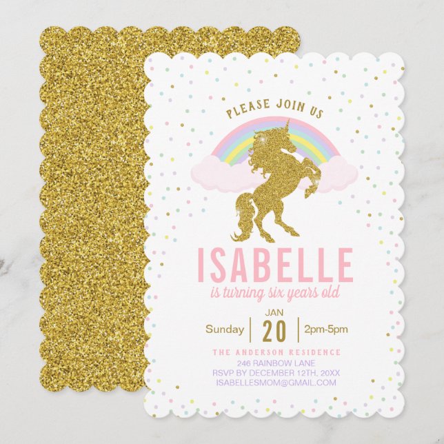 Rainbow Glitter Unicorn Birthday Party Invitation (Front/Back)