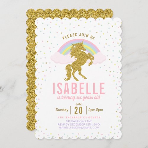 Rainbow Glitter Unicorn Birthday Party Invitation