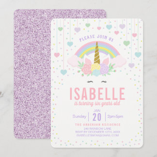 Rainbow Glitter Unicorn Birthday Party Invitation