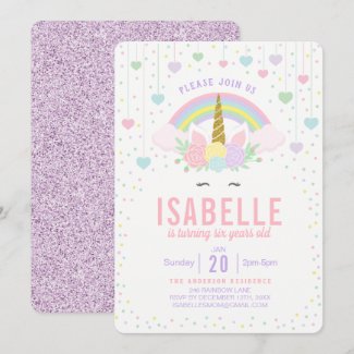 Rainbow Glitter Unicorn Birthday Party Invitation
