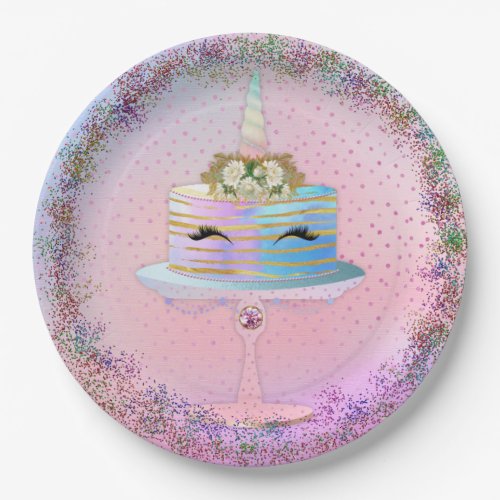 Rainbow Glitter Unicorn Cake Party Paper Plates