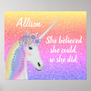 Rainbow Glitter Unicorn Girls Personalized Poster