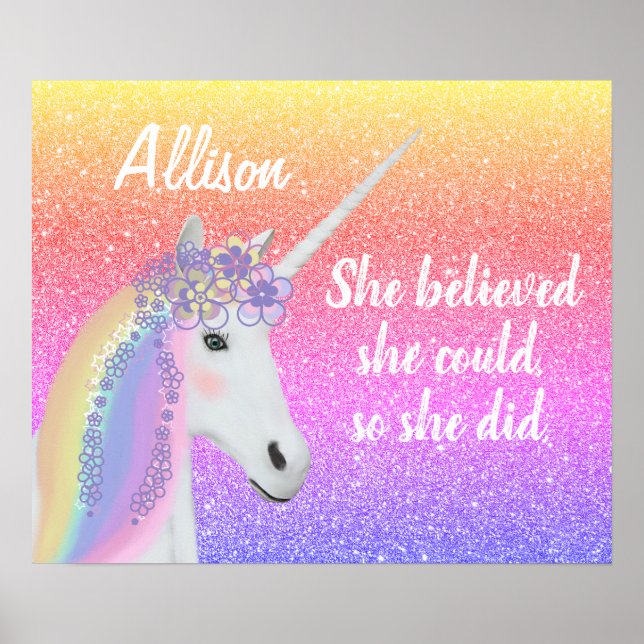 Rainbow Glitter Unicorn Girls Personalized Poster (Front)