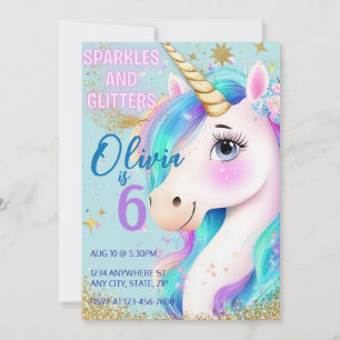 Rainbow Glitter Unicorn Invitation For Girls