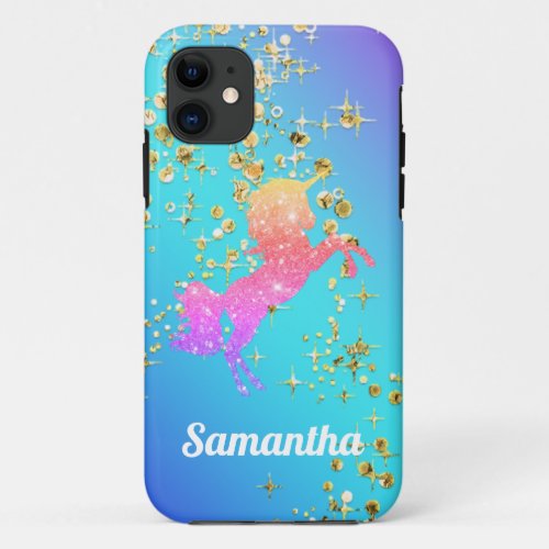 Rainbow Glitter Unicorn on Blue iPhone 11 Case