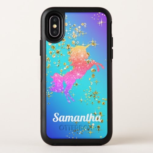 Rainbow Glitter Unicorn on Blue OtterBox Symmetry iPhone X Case