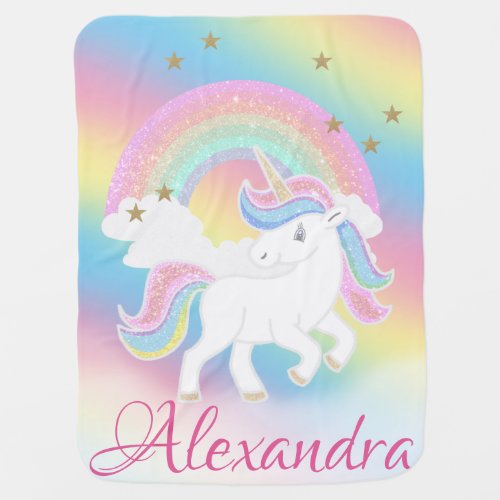 Rainbow Glitter Unicorn on Clouds with Custom Name Baby Blanket