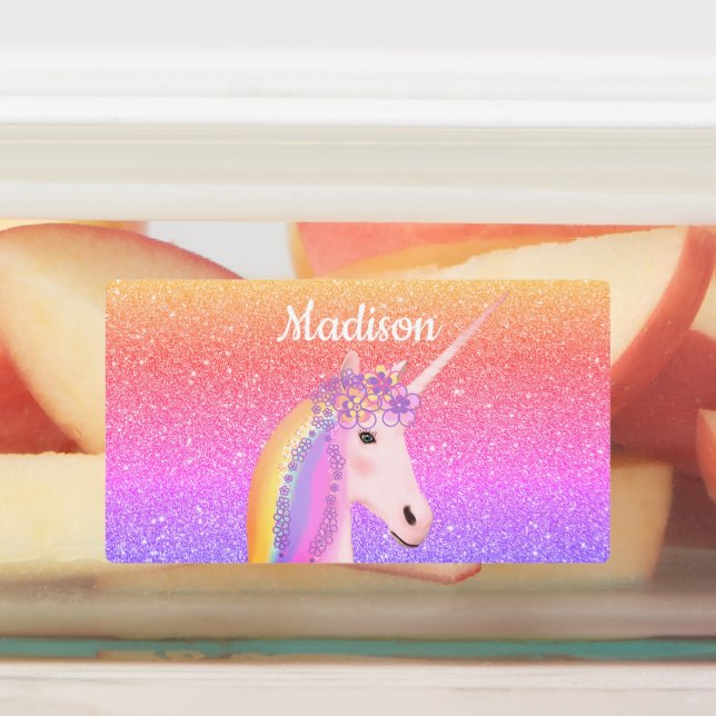 Rainbow Glitter Unicorn Personalized Waterproof Labels (Affixed)