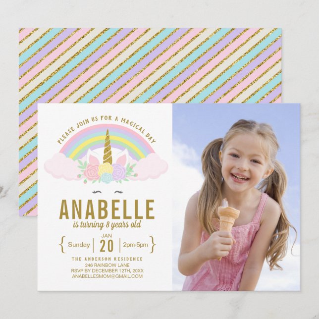 Rainbow Glitter Unicorn Photo Birthday Invitation (Front/Back)