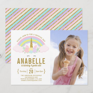 Rainbow Glitter Unicorn Photo Birthday Invitation