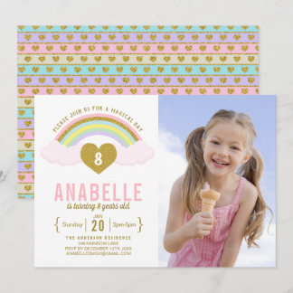 Rainbow Glitter Unicorn Photo Birthday Invitation