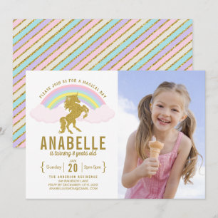 Rainbow Glitter Unicorn Photo Birthday Invitation