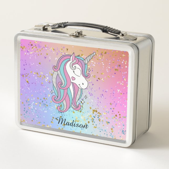 Rainbow Glitter Unicorn Sparkle Personalized  Metal Lunch Box (Front)