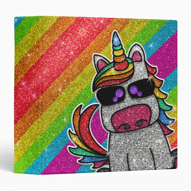 Rainbow Glitter Unicorn Sparkly Diamond Sparkles  3 Ring Binder (Front/Spine)