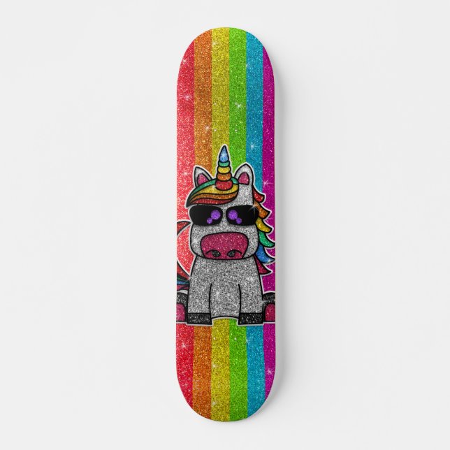 Rainbow Glitter Unicorn Sparkly Gold Sparkles Sk8r Skateboard (Front)