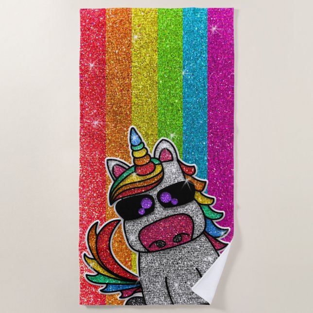 Rainbow Glitter Unicorn Sparkly LGBT+ Sparkles  Beach Towel (Front)