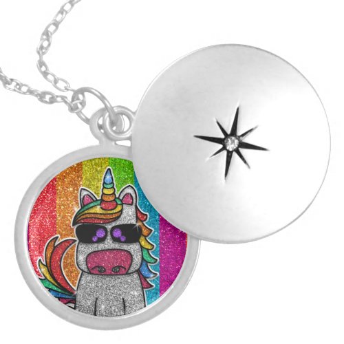 Rainbow Glitter Unicorn Sparkly LGBTQ Sparkles     Locket Necklace