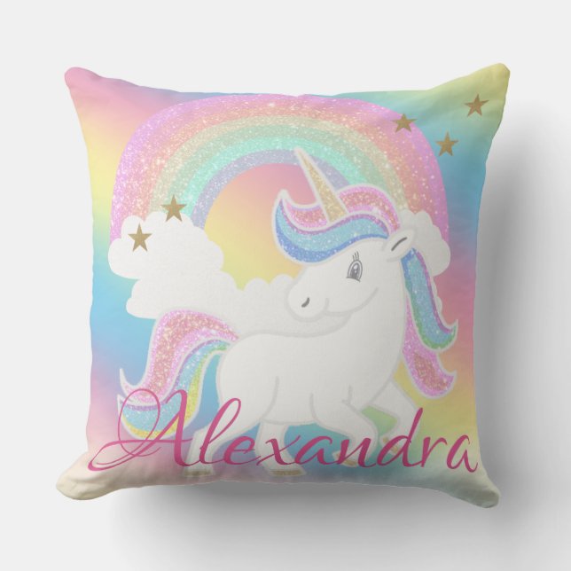 Rainbow Glitter Unicorn with Custom Name Throw Pillow (Front)