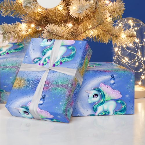 Rainbow Glitter Unicorns on Blue Wrapping Paper