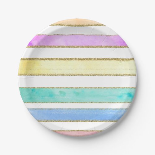 Rainbow Glitter watercolor stripe party plates