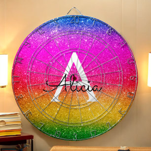 Rainbow Glitter Yellow Green Purple Name Dartboard