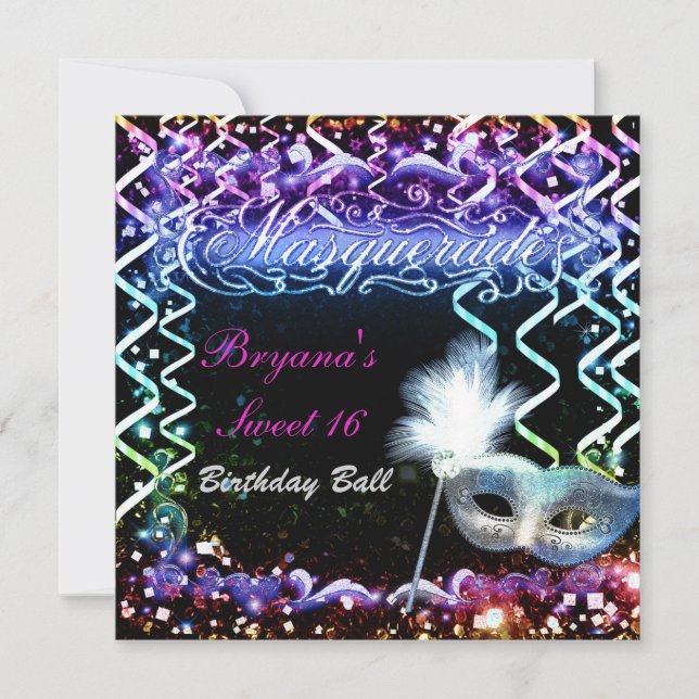 Rainbow Glow Masquerade Mask Birthday Party Invitation (Front)