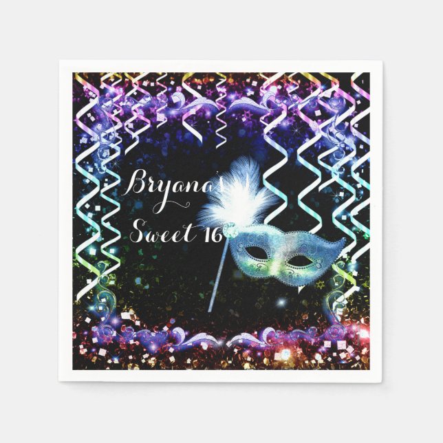Rainbow Glow Masquerade Mask Birthday Party Napkins (Front)