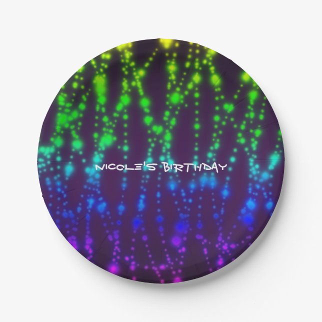 Rainbow Glow Neon Sparkles Birthday Party Paper Plates (Front)